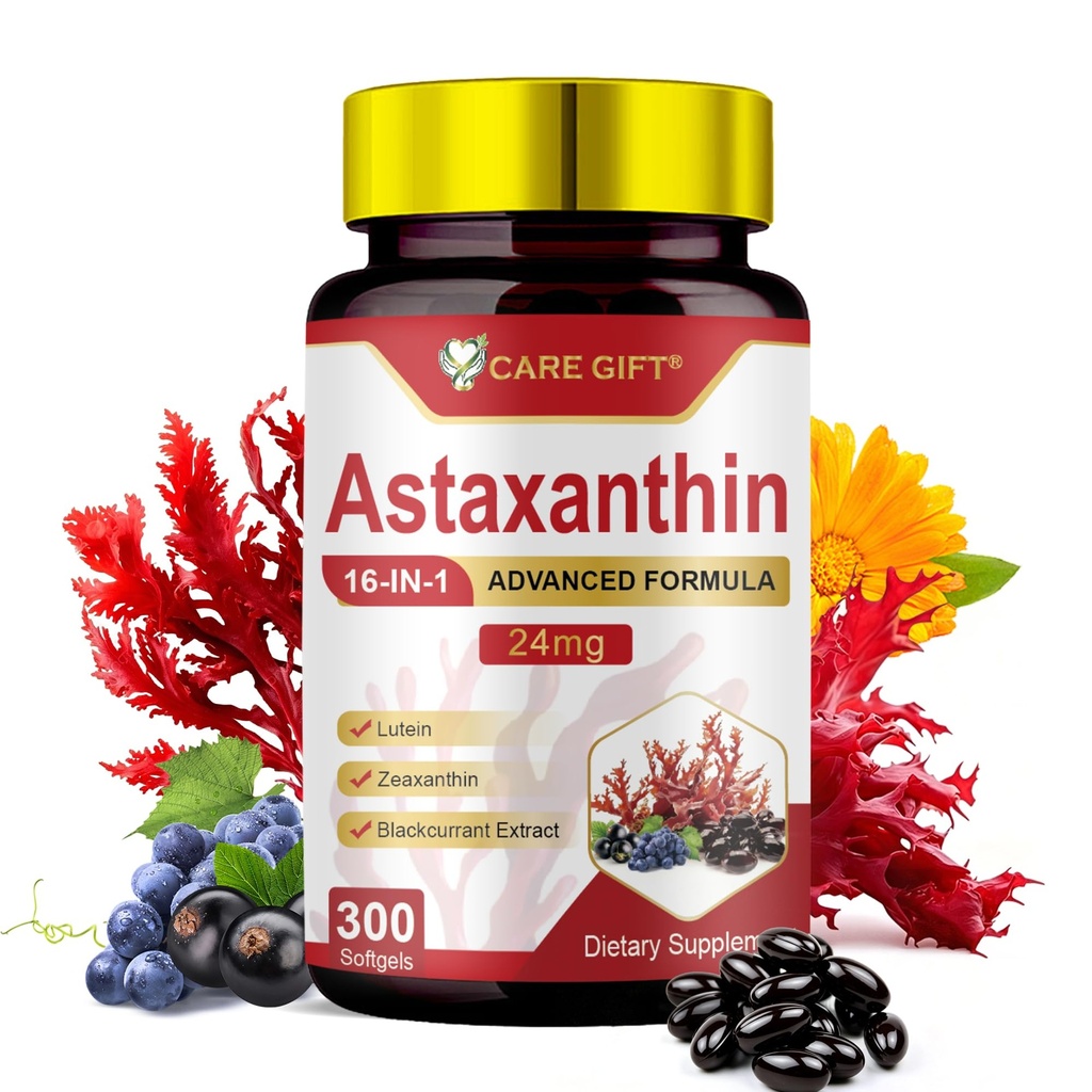 Astaxanthin Supplements 24mg 300 Softgels | 16 in 1 Formula Premium Astaxanthin Antioxidant Supplement Supports Eye Skin Joint Brain Heart Immune System Health, Fresh Microalgae Source 150 Days Supply