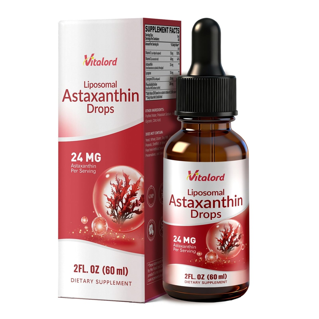 Liposomal Astaxanthin 24mg Drops, Liquid Astaxanthin Supplement with Lycopene, CoQ10, Vitamin C & E, Supports Eye, Skin, Immune, Antioxidant, 2Fl Oz
