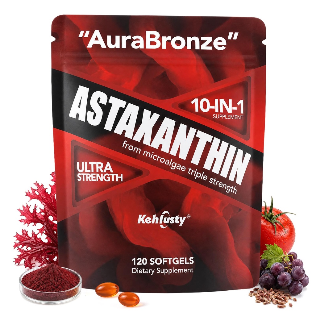 12mg Astaxanthin Softgels from Haematococcus Pluvialis, 10-in-1 Triple Strength Supplement with Lycopene Lutein Vitamin E, Antioxidant Skin Eye Immune Support, 120 Count (4 Month Supply)