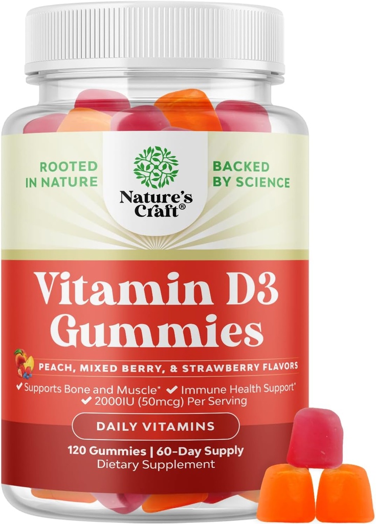 Natures Craf Vitamin D3 Gummies for Daily Wellness - Delicious Vitamin D Gummies for Adults with D3 2000IU per Serving Bone Mus & Immune Support - Μη ΓΤΟ Ζελατίνη & Χωρίς Γλουτένη (60 Day Supply)