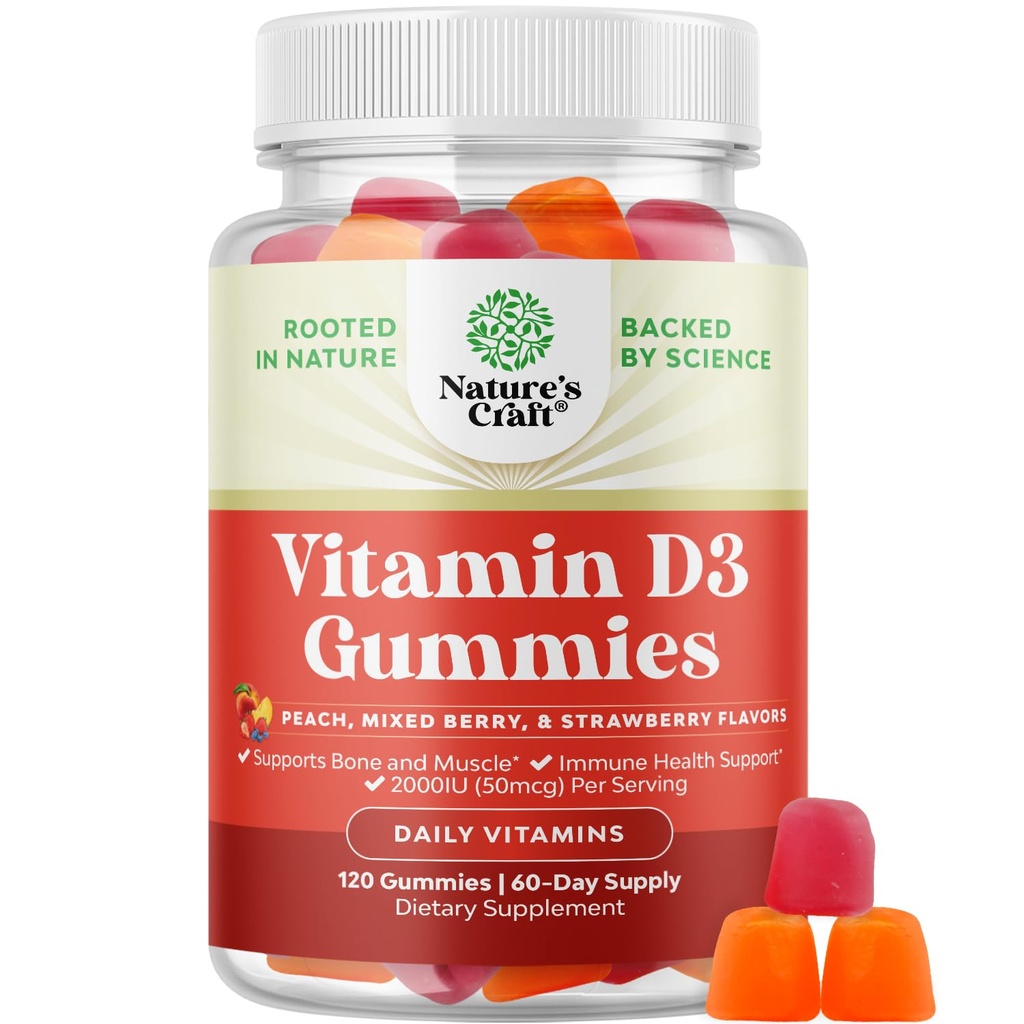 Natures Craf Vitamin D3 Gummies for Daily Wellness - Delicious Vitamin D Gummies for Adults with D3 2000IU per Serving Bone Mus & Immune Support - Μη ΓΤΟ Ζελατίνη & Χωρίς Γλουτένη (60 Day Supply)