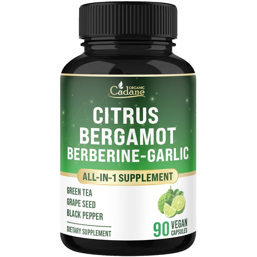 Cadane Citrus Bergamot Supplement with Berberine, Garlic, Green Tea, Grape Seed & Black Pepper | Wellness & Vitality Support | Vegan, Non-GMO – 90 Capsules – 45-Day Supply