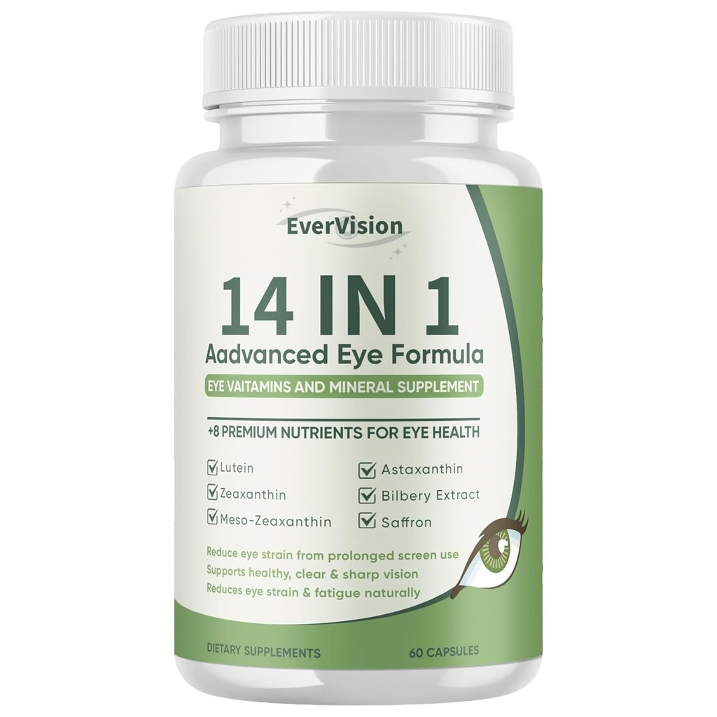 14 in 1 Advanced Eye Formula, Eye Supplement with Lutein, Zeaxanthin, Astaxanthin, Bilberry Extract & Zinc, Eye Vitamin and Mineral Supplement for Adults & Seniors, 60 Capsules (1)
