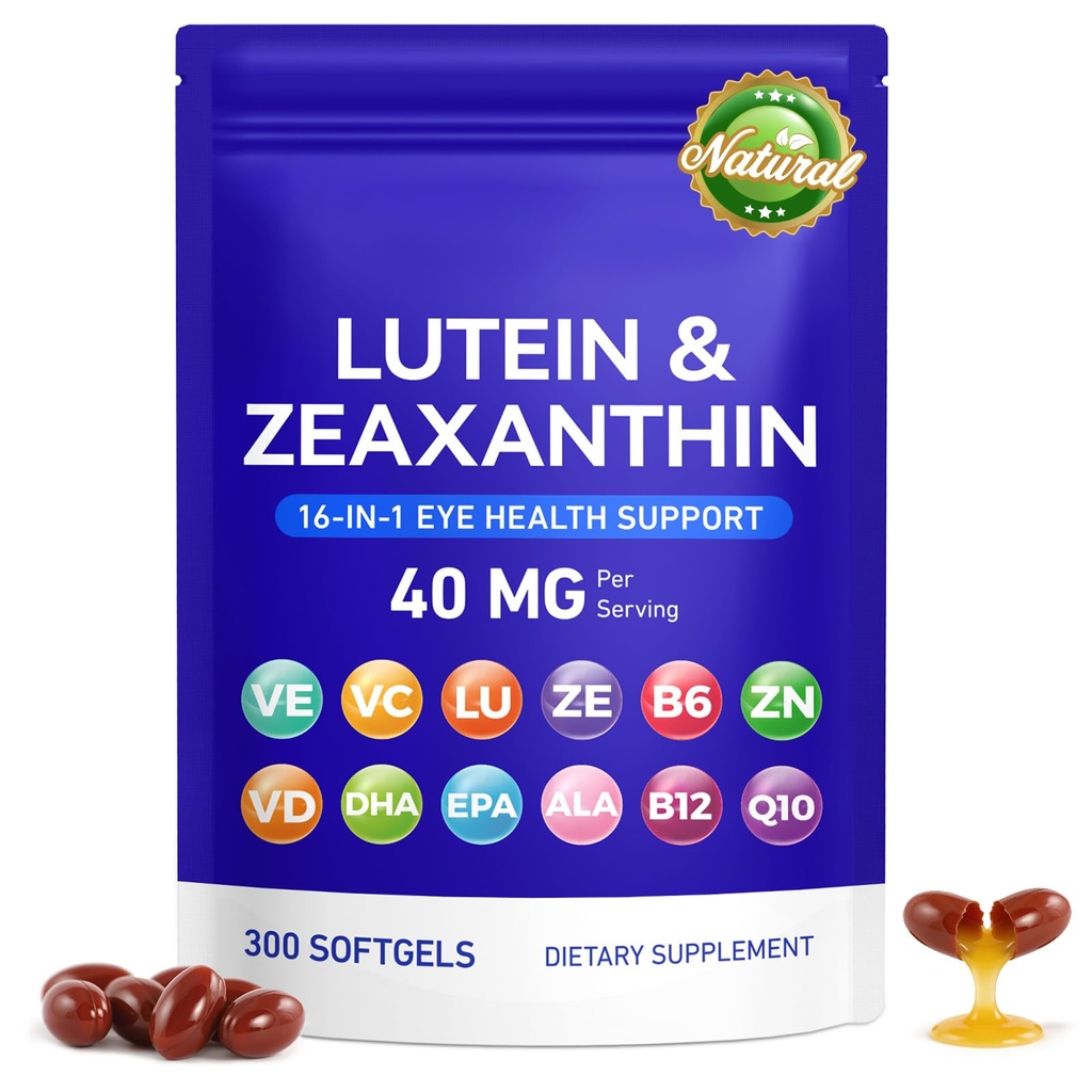 Lutein and Zeaxanthin Supplement, 16 in 1 Eye Vitamins Softgels with 40mg Lutein & Zeaxanthin, 300ct Enriched with Vitamins B6 B12 C D3, Zinc & Omega-3s for Eye Health Support Non-GMO Gluten-Free