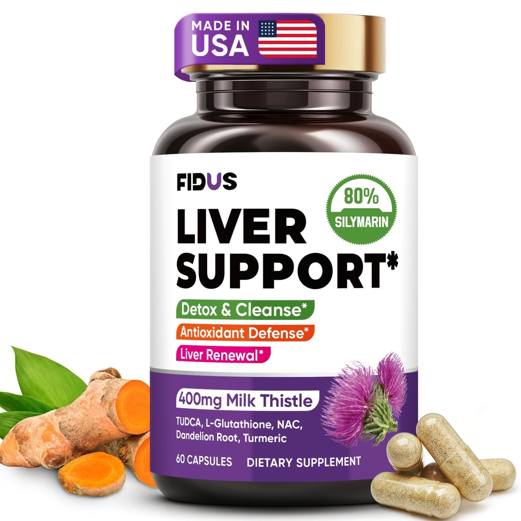 Fidus Liver Cleanse Detox & Repair Capsules with Milk Thistle 400mg (80% Silymarin), NAC, TUDCA & Dandelion - Liver Health Support - USA Made - 60 Counts