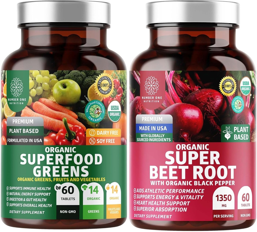 Number One Nutrition N1N Premium and Organic Superfood Greens and Beet Root Tablets for Immunity and Antioxidant Support, Packed with Alfalfa, Spirulina and Barley Grass, 120 Tablets