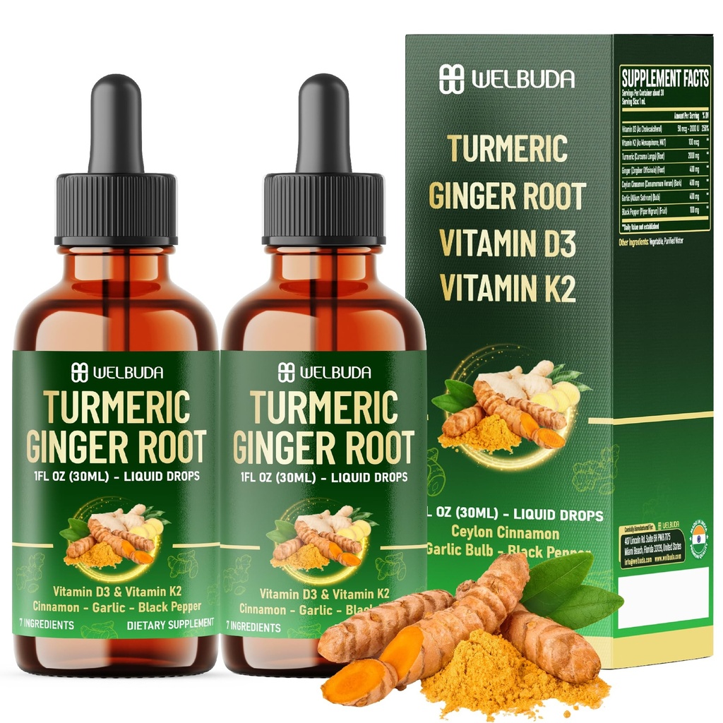 7in1 Liquid Turmeric Curcumin with Vitamin D3, Vitamin K2, Ginger, Ceylon Cinnamon, Garlic, Black Pepper - Drops Extract - 2 Packs of 30ml - 2 Month Supply