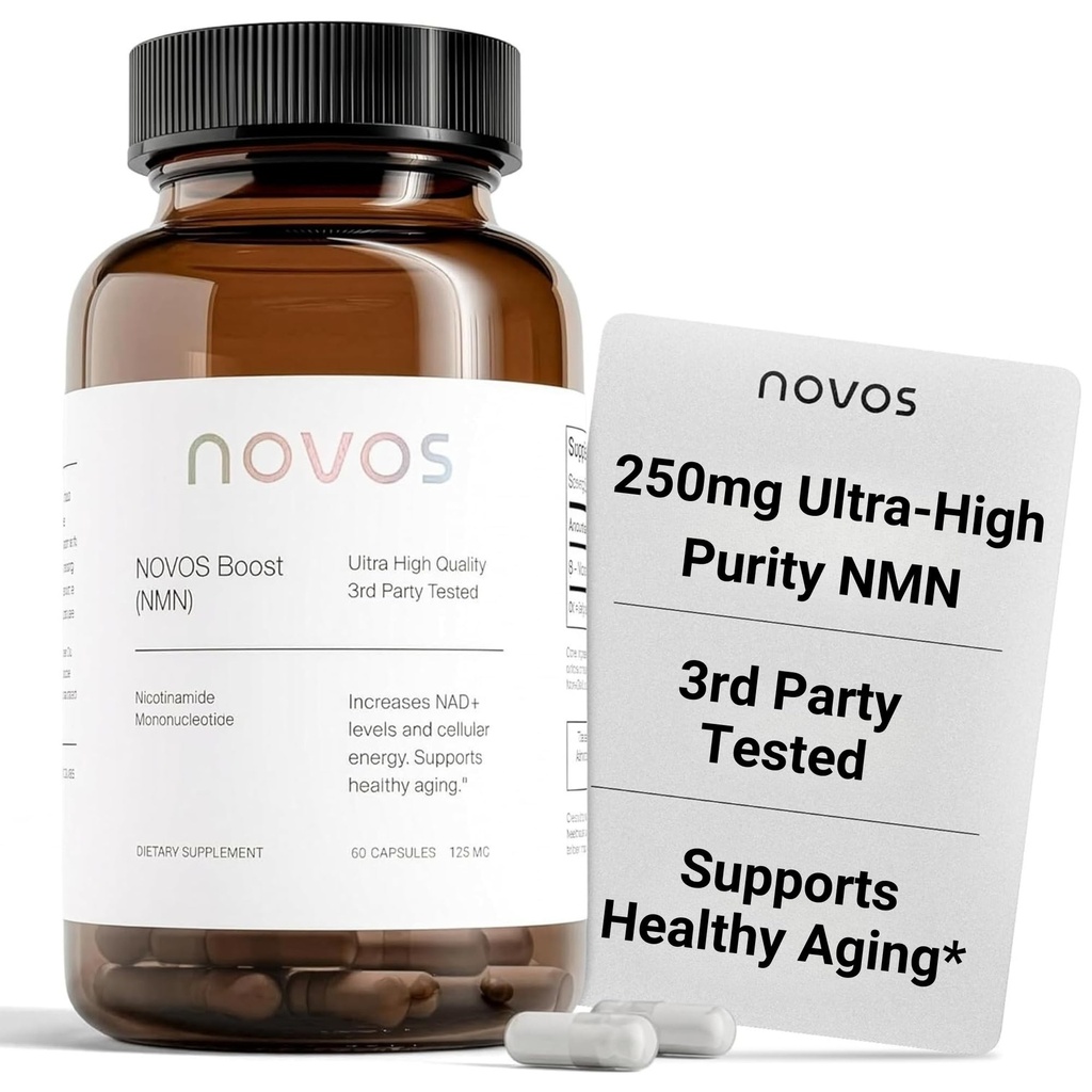 Novos Boost NMN 250mg | Third-Party Tested | Ultra High-Purity for NAD+ Support, Energy & Longevity | Stabilized NMN Supplement for Men & Women | 60 Vegan Capsules (30 Servings)