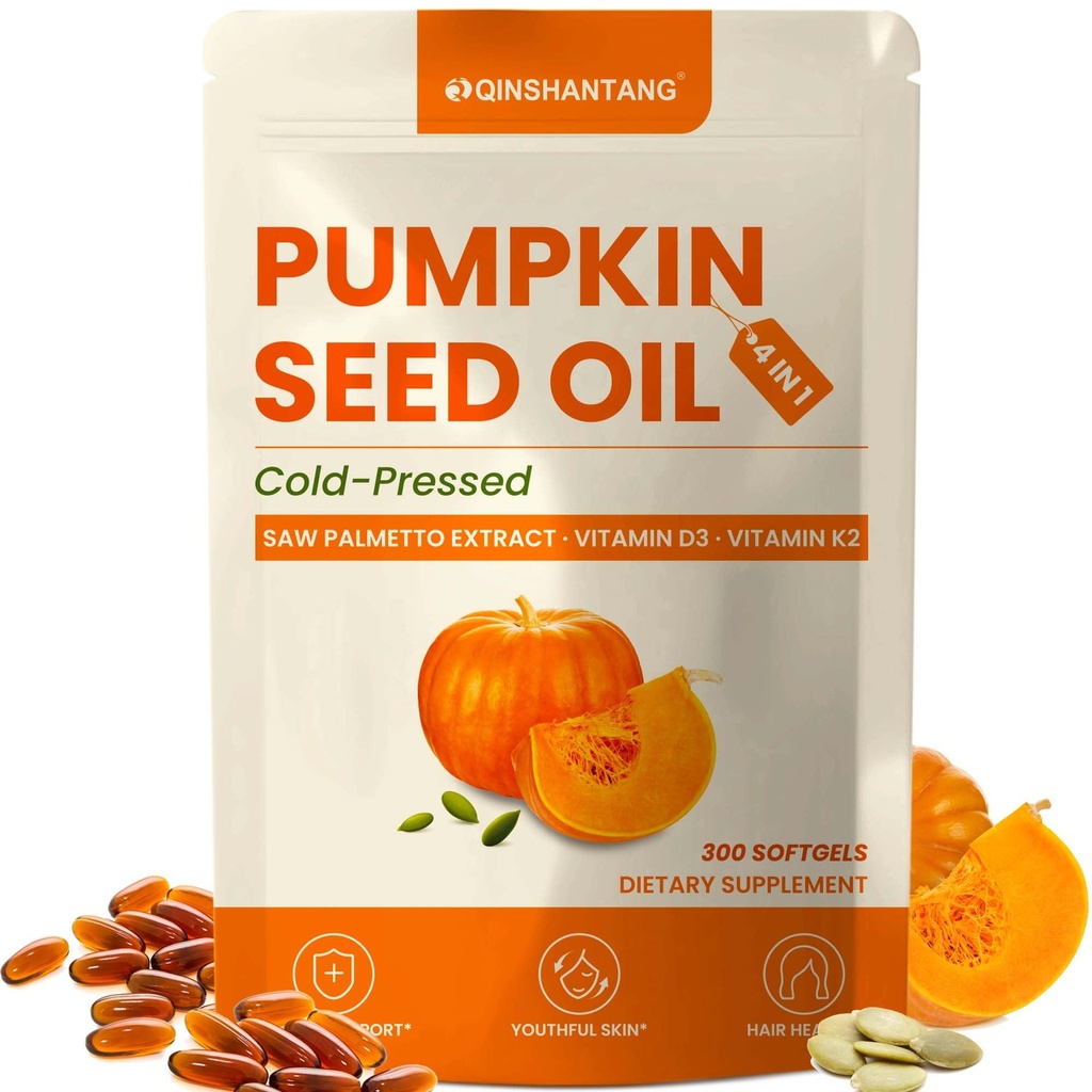Pumpkin Seed Oil with Saw Palmetto, Vitamin D3 & K2 | 3000 mg Per Serving, Cold Pressed, Essential Fatty Acids & Phytosterols | Supports Healthy Hair, Bladder Comfort & Balance | 300 Non-GMO Softgels