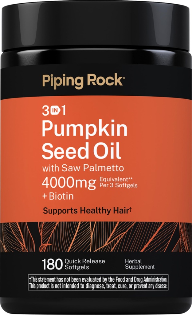 Piping Rock Pumpkin Seed Oil w/Saw Palmetto Complex | 4000mg | 180 Quick Release Softgels | with Biotin | Supports Healthy Hair| Non-GMO and Gluten Free