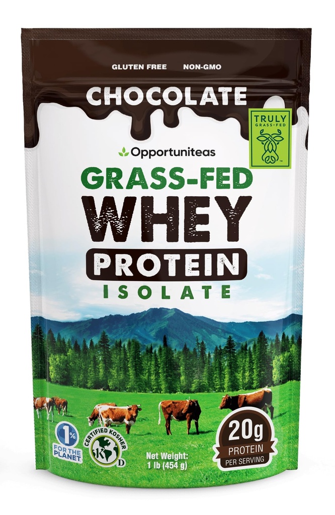 Opportunitas Grass Fed Chocolate Whey Protein Isolate Powder - 20g Protein Powder Χωρίς Τεχνητά γλυκαντικά, Hormone-free Happy Cows, Non GMO - 1lb