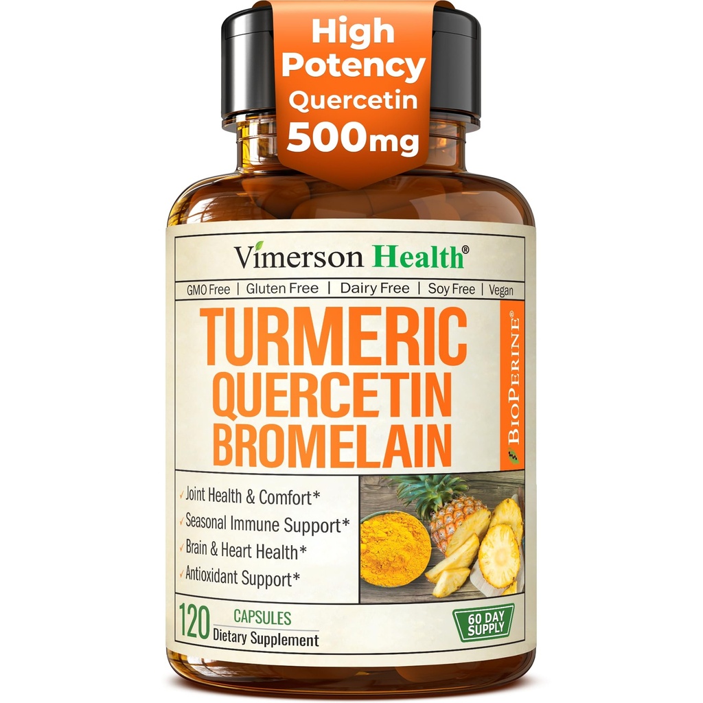 Quercetin with Bromelain Turmeric Curcumin Supplement – Triple Action: Allergy Relief, Inflammation and Joint Support with Organic Tumeric + Bioperine for Max Absorption – 120 Quercetin 500mg Capsules