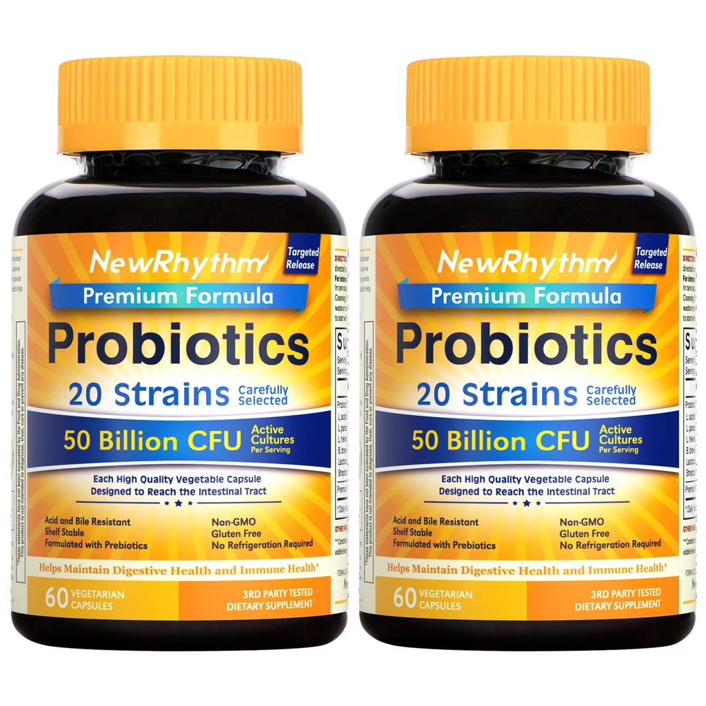 NewRhythm Probiotics 50 δις CFU 20 Strains, 120 κάψουλες Veggie, Στοχευμένη Τεχνολογία Απελευθέρωσης, Στομαχικό Οξύ Ανθεκτικό, Καμία ανάγκη για Ψύξη, Μη ΓΤΟ, Χωρίς Γλουτένη