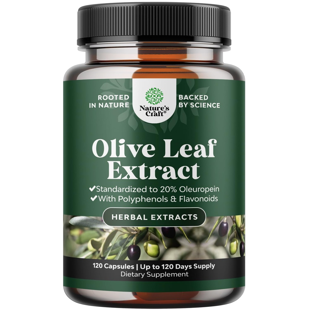 Potent Olive Leaf Extract Capsules - High Strength Antioxidant Supplement with Pure Olive Leaf with 20% Oleuropein - Herbal Heart Health Supplement - Vegan Non-GMO & Gluten Free - 120 Count