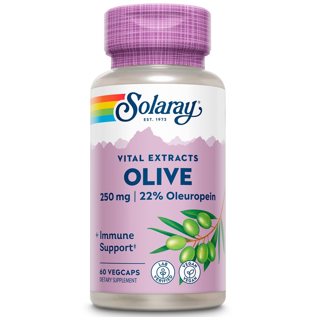 SOLARAY Olive 250mg - Olive Leaf Extract Capsules with 22% Oleuropein, Plus Lemon Balm - Polyphenols Supplement for Wellness Support - Vegan, 60-Day Guarantee, Lab Verified - 120 Servings, 60 VegCaps