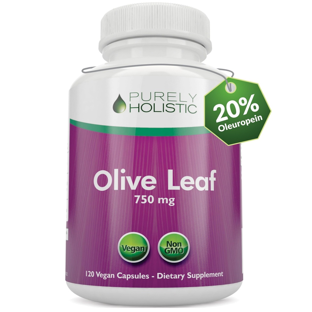 Purely Holistic Olive Leaf Extract 750mg Non-GMO Maximum Strength - 120 Vegan Capsules - 20% Oleuropein - 4 Month Supply - Support Supplement
