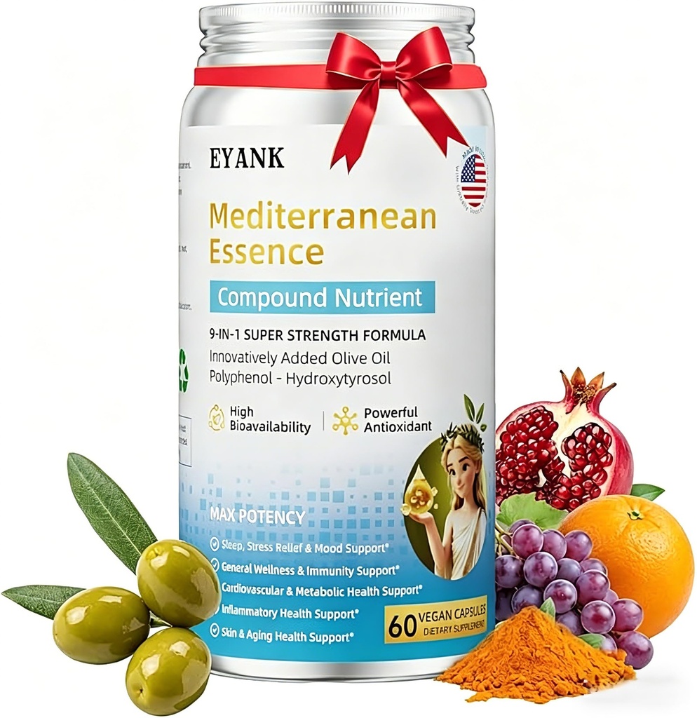 9-in-1 Mediterranean Metabolic Health Olive Leaf Extract Supplement(25% Hydroxytyrosol), USA Made, Antioxidant Supplement for Immune Sleep & Mood Support- 60 Capsules