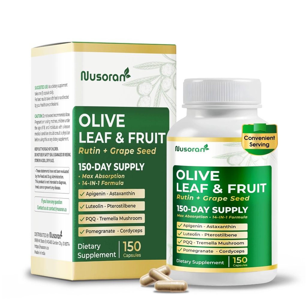 Premium Olive Leaf & Fruit - 13-in-1 with Rutin, Grape Seed, Astaxanthin, PQQ - Max Absorption - 150 Capsules - Non-GMO, Gluten-Free, Lab Tested