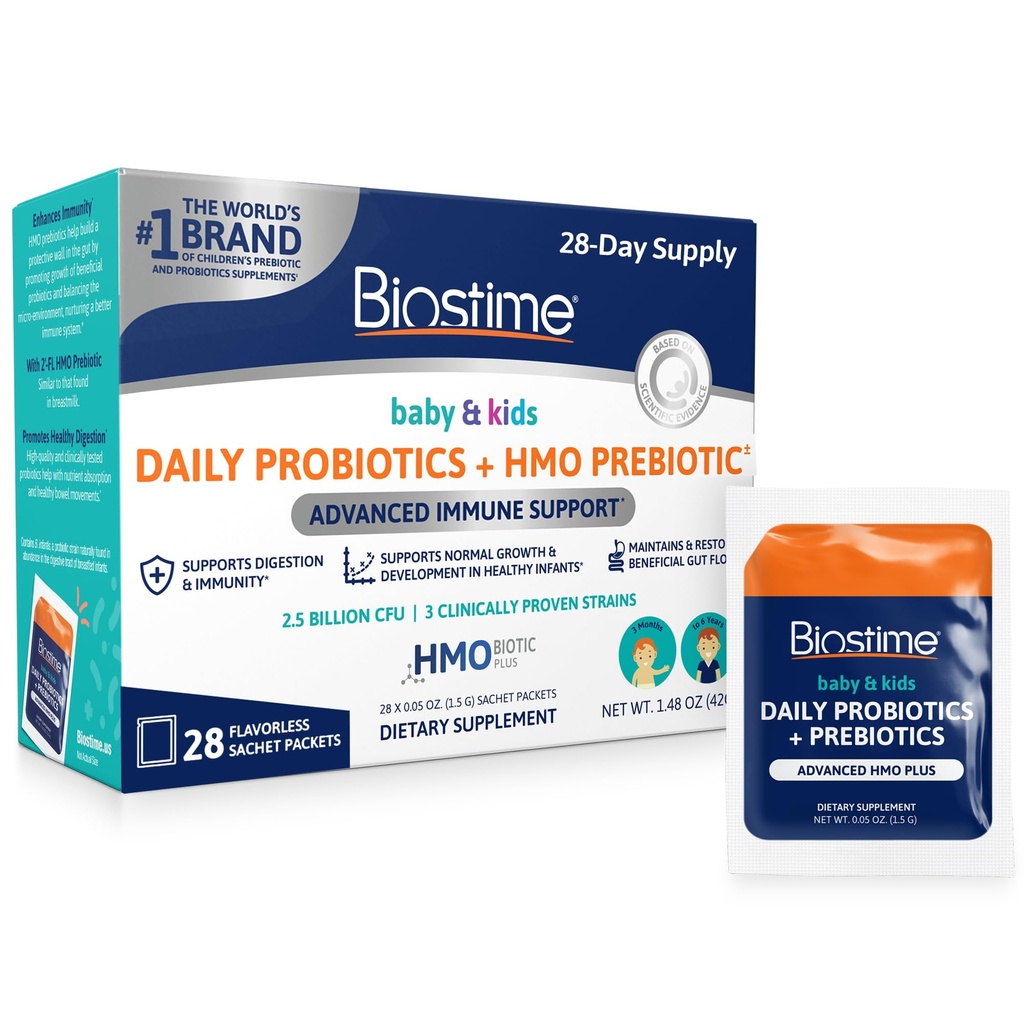 Biostime Baby Probiotic for Kids with HMO & Prebiotic Fiber | Immune Support | Constipation Relief and Digestion Support Probiotics for Kids, Toddlers and Infants - 28 Powder Packets