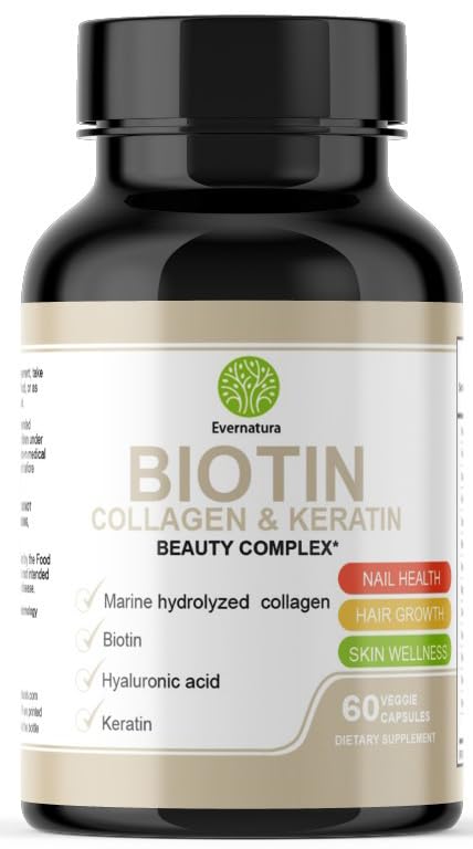 Evernatura Biotin Complex with Collagen, Keratin & Hyaluronic Acid, 120 Veggie Capsules, 25,000 Beauty Complex for Hair, Skin & Nail Health (1)