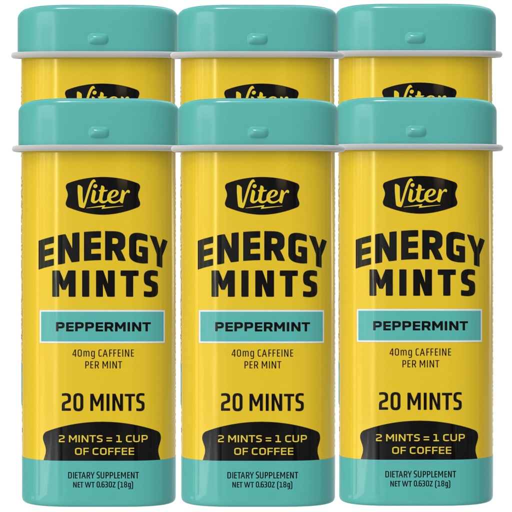 Viter Energy 40mg Caffeine Mints - Sugar Free, B Vitamins, Vegan, Boosts Fast Energized Alert Focus, Caffeinated Nootropic Supplement Pills (Peppermint Flavor, 20pcs, 6 Pack, 120pcs Total)