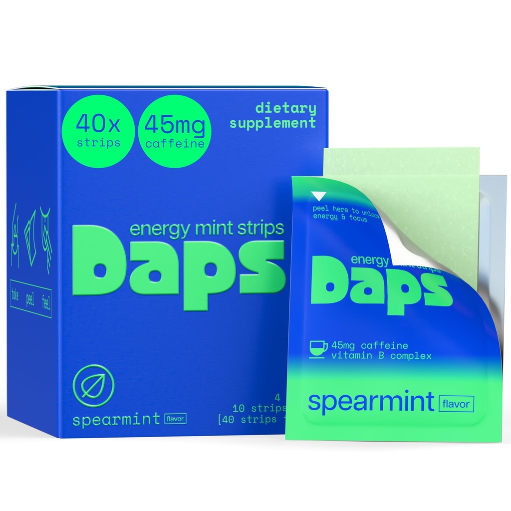 Daps Mint Energy Strips - 45mg Natural Caffeine + B-Vitamins - Fast-Acting Energy Supplement - Works Faster Than Coffee - On-The-Go, Sugar Free - Spearmint, 40 Strips