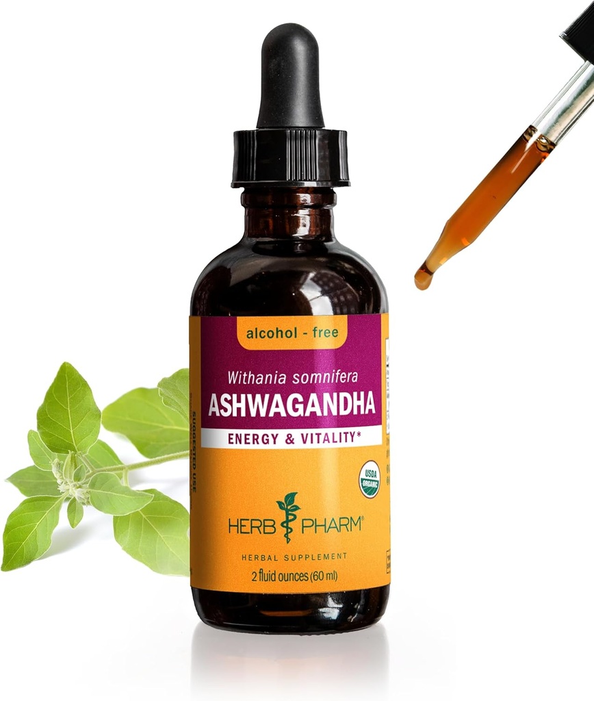 Herb Pharm Certified Organic Ashwagandha Extract Drops for Traditional Support for Energy and Vitality, Alcohol-Free Glycerite, 2 Oz