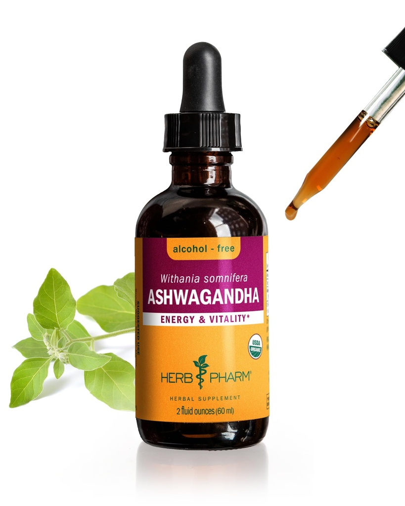 Herb Pharm Certified Organic Ashwagandha Extract Drops for Traditional support for Energy and Vitality, Glycerite χωρίς αλκοόλ, 2 Oz