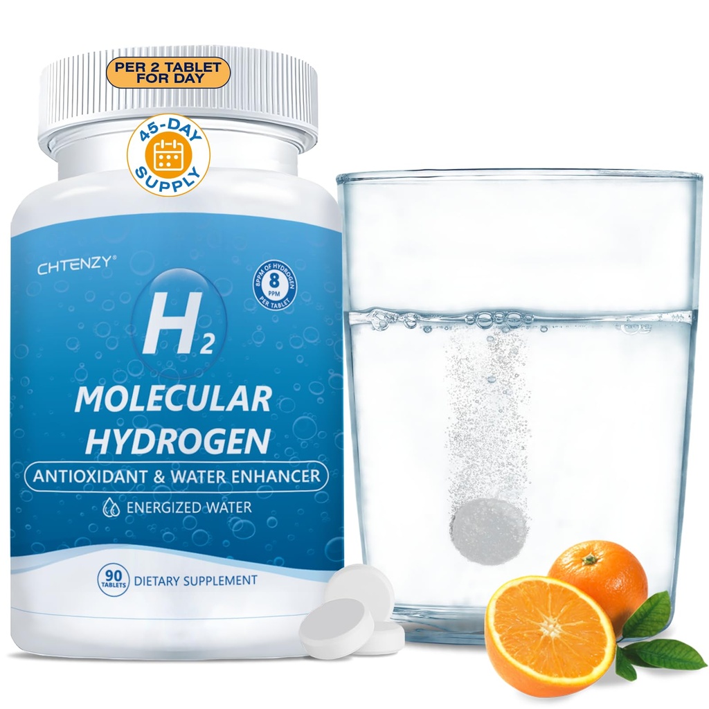 Hydrogen Water Tablets - H2 Molecular Hydrogen Tablets for Drinking Water,8PPM with Magnesium,Orange Flavor,90 Count,Electrolytes Hydration Support Energy,Brain Health,Antioxidant,Non-GMO