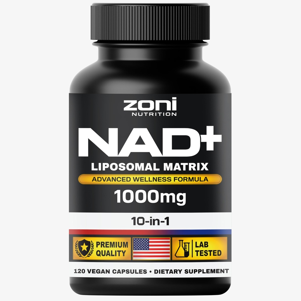 Zoni Nutriton NAD+ SUPPLEMENT LIPOSOMAL MATRIX ADVANCED WELLNESS FORMULA 1000mg 10-in-1, Trans-Resveratrol, TMG, Apigenin, PQQ, Vitamin B2, Vitamin B3, Vitamin B5, Vitamin B9, Vitamin B12, Men & Women