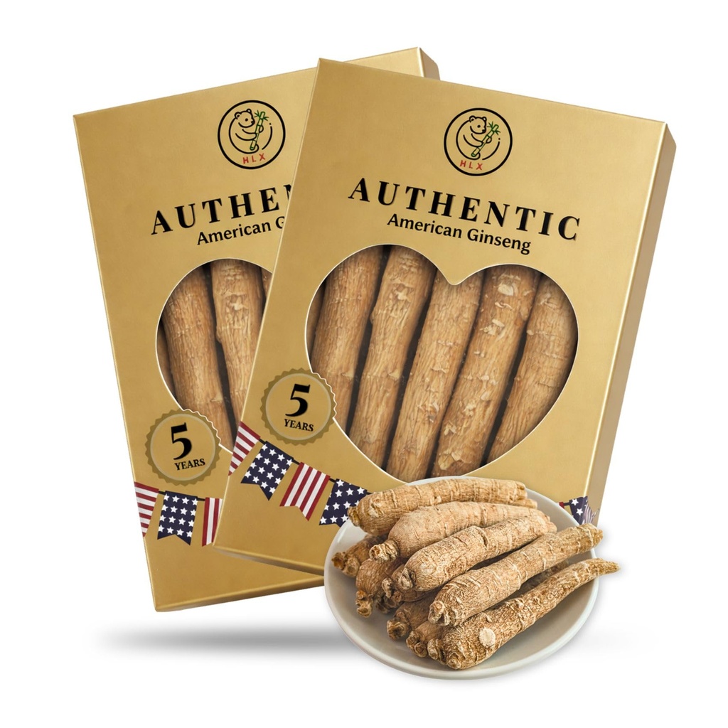 HLX 2 Box of 5 Years American Ginseng Roots — Hand Selected Jumbo Roots, Organic Ginseng Root from Wisconsin, Panax Ginseng for Men & Women（西洋参/花旗参）, for Tea & Soup, Daily Use (4 Ounce)