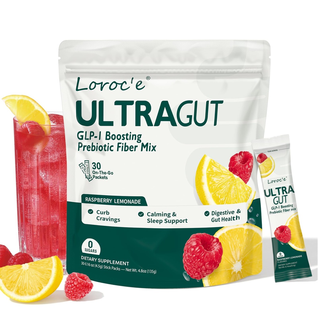 UltraGut GLP-1 Booster Fiber Mix Drink, Cortisol Reducer & Sleep Aid, for Weight Loss & Gut Health - with Prebiotics, Magnesium Glycinate, L-Theanine, Ashwagandha, Vitamin D, No Sugar, 30 Servings