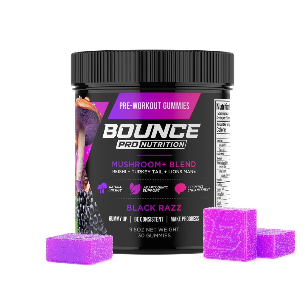Bounce Pro Pre Workout Gummies – 30 Vegan Chewable Gummies with Caffeine, Lion’s Mane & L-Theanine for Energy, Focus & Endurance – Mushroom Preworkout for Men & Women – Black Razz Flavor
