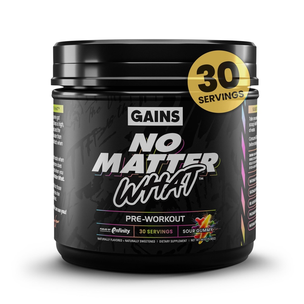 Gains in Bulk No Matter What Pre Workout Powder, with Paraxanthine, Amino Acids & L Theanine, Training Supplement for Athletes & Active Lifestyles, Energy & Focus Support, Sour Gummy, 30 Servings