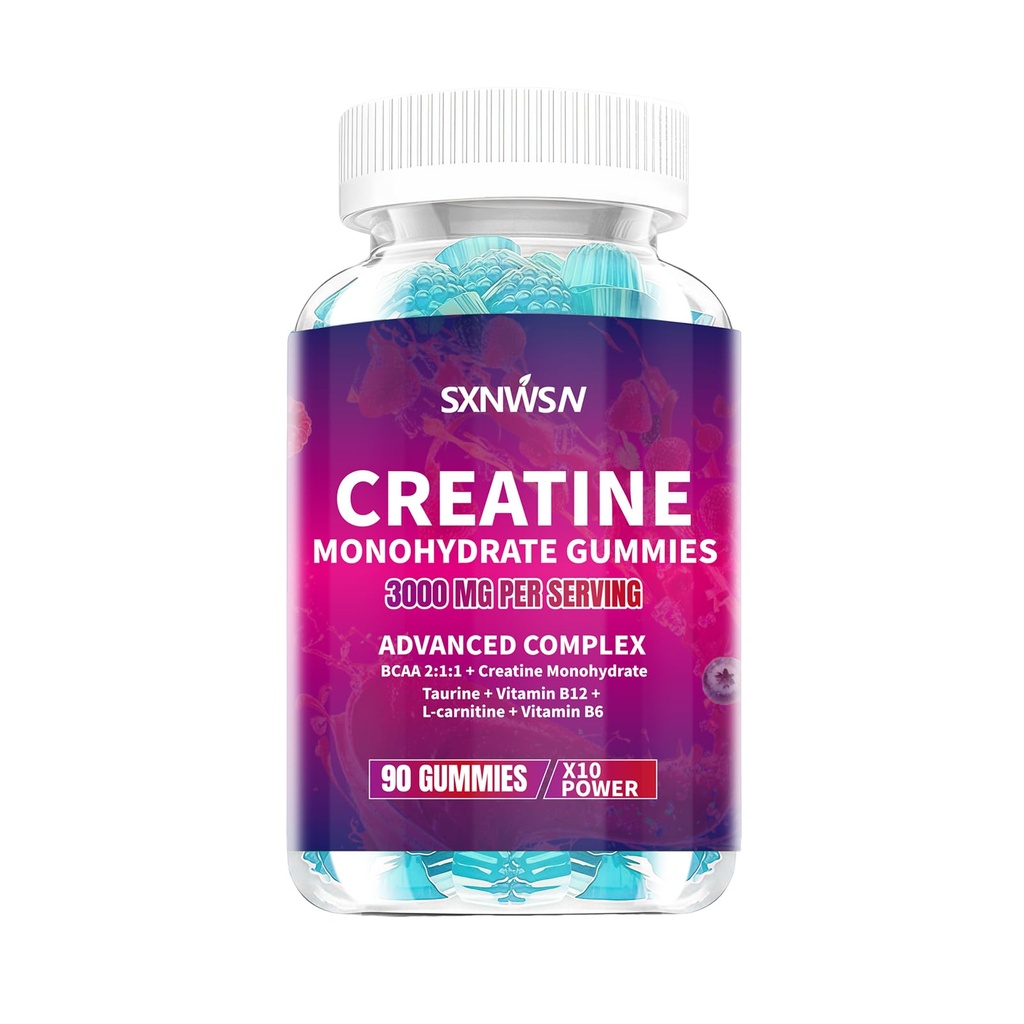 Creatine Monohydrate Gummies, Advanced Complex with BCAA, L-Carnitine, Taurine, B Vitamins, 3000mg per Serving, 90 Count, Blueberry Flavored