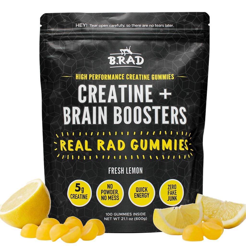 B.rad Real Rad Creatine Gummies | 5g Creatine Monohydrate Per Serving | with Alpha GPC, L-Theanine, L-Tyrosine, L-Citrulline & Panax Ginseng | Natural Lemon Flavor | 100 XL Gummies
