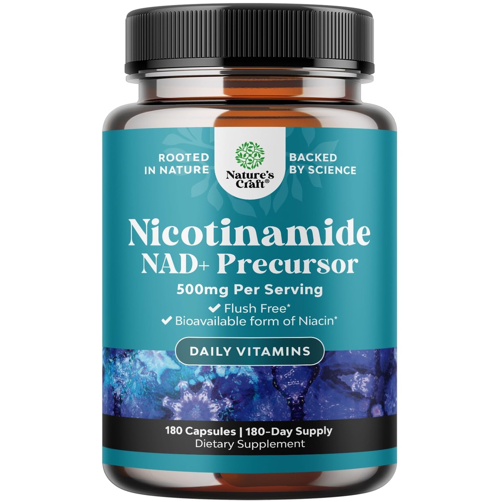 Βιταμίνη Β3 Niacinamide 500mg Κάψουλες - Μιτοχονδριακή Ενέργεια και ισχυρό συμπλήρωμα δέρματος - AKA Vitamin B3 Niacin 500mg Flush Free and Nicotinamide 500mg - Flush Free Niacin Supplement - 180 Count