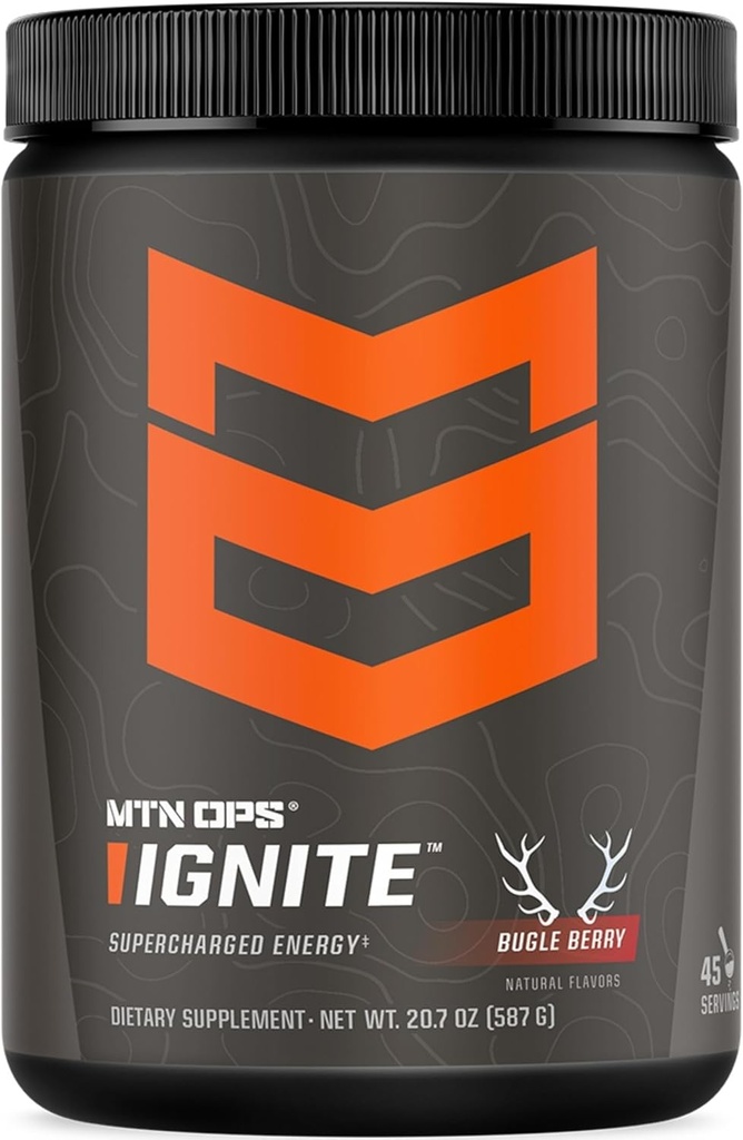 MTN OPS Ignite Energy Drink Powder, Gluten Free Nootropic Supplement Drink Mix, L Arginine, L Citrulline, Caffeine & Nootropic Sugar Free Drink Mix, 45 Servings, Bugle Berry