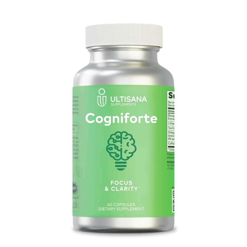 Cogniforte Nootropic Brain Supplement with Bacopa Monnieri, L-Theanine, Ginkgo Biloba, Taurine & Caffeine | Memory, Focus & Mental Clarity Support | Cognitive & Energy Capsules, 60 Count