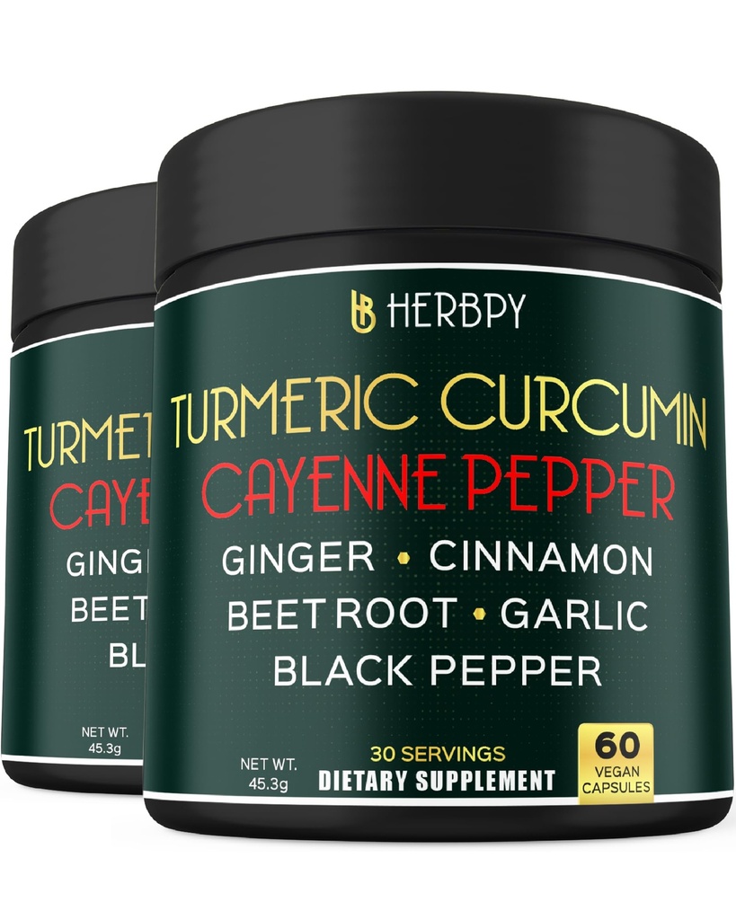 Herbpy 7in1 Turmeric and Cayenne Pepper Supplement - Digestion, Immune, Brain & Heart Health Support with Ceylon, Ginger, Garlic, Beetroot - 2Pack60