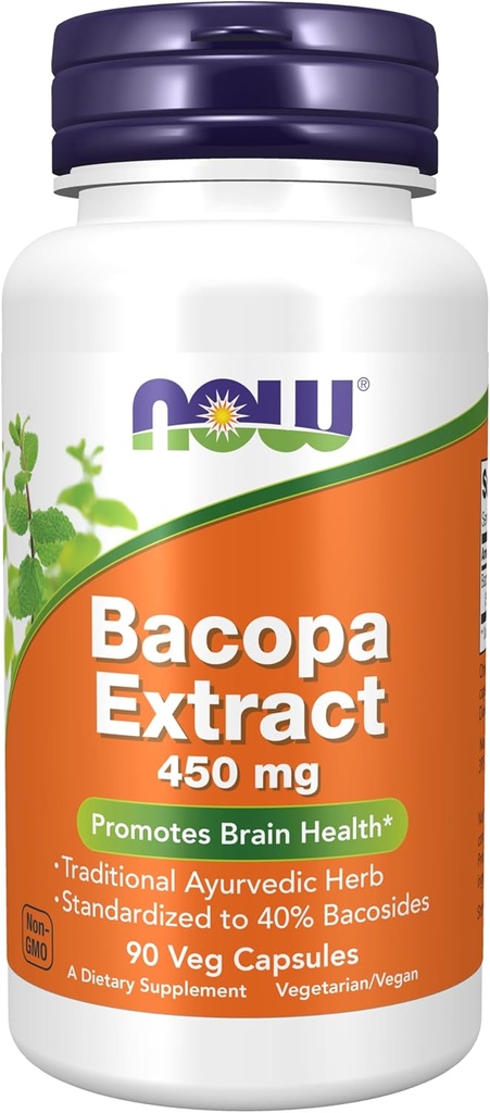 NOW Συμπληρώματα τροφίμων, εκχύλισμα Bacopa (Bacopa monnieri) 450 mg, Προάγει την υγεία του εγκεφάλου *, 90 κάψουλες Veg