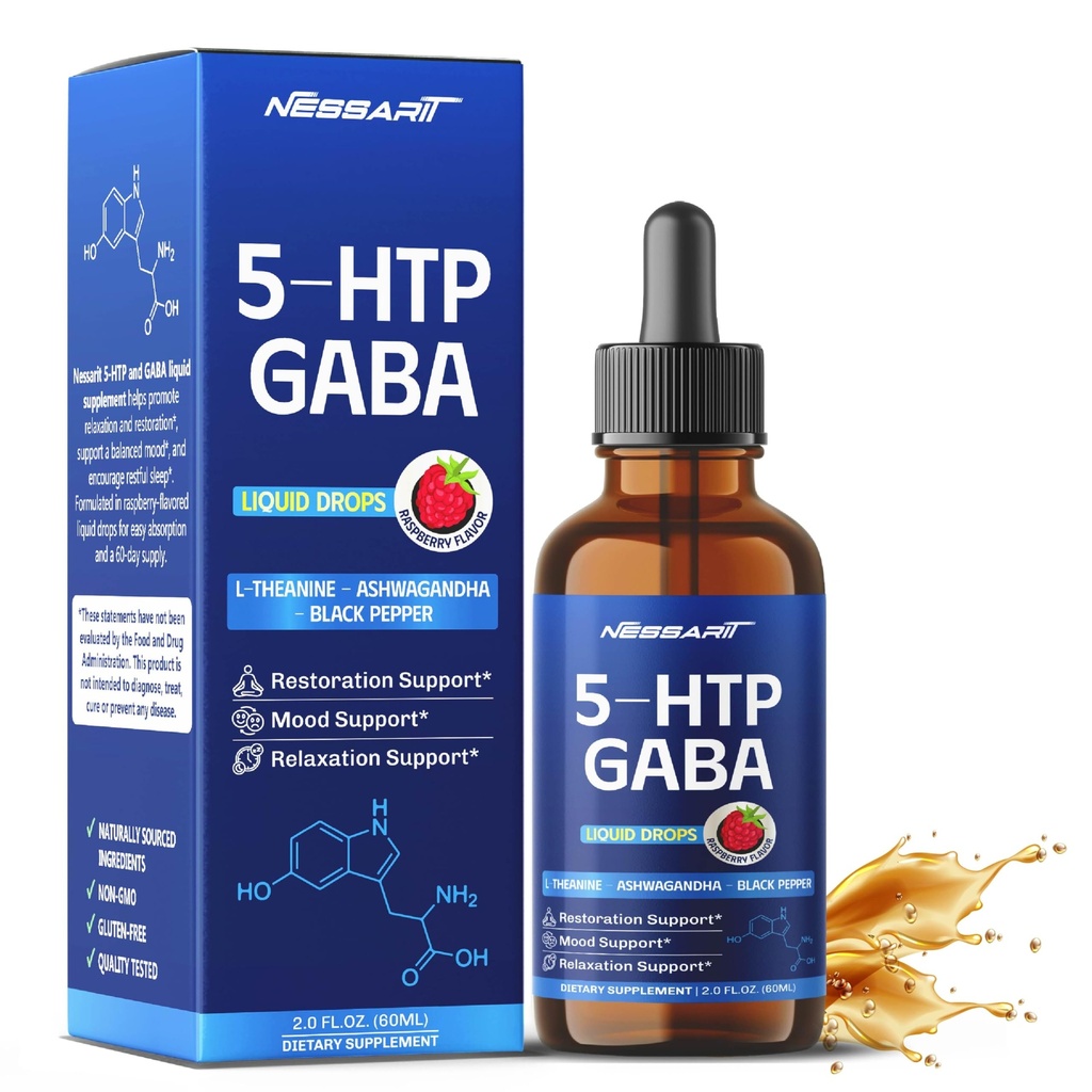 5-HTP & GABA Liquid Drops - L-Theanine, Ashwagandha, Black Pepper - Restore & Relax, Sleep Well Support - Raspberry Flavor - 2.0 fl oz (60ml)
