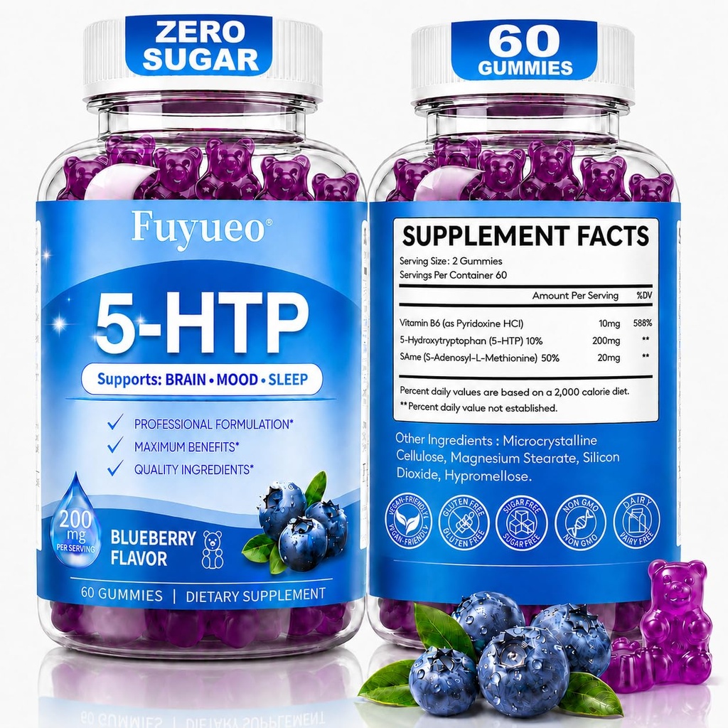 5-HTP Gummies 200mg with SAMe & Vitamin B6 – Blueberry Flavor, 5-HTP Plus S-Adenosyl Methionine for Mood Support, Sleep Support, Relaxation – Non-GMO, Gluten Free, 3rd Party Tested – 60 Gummies