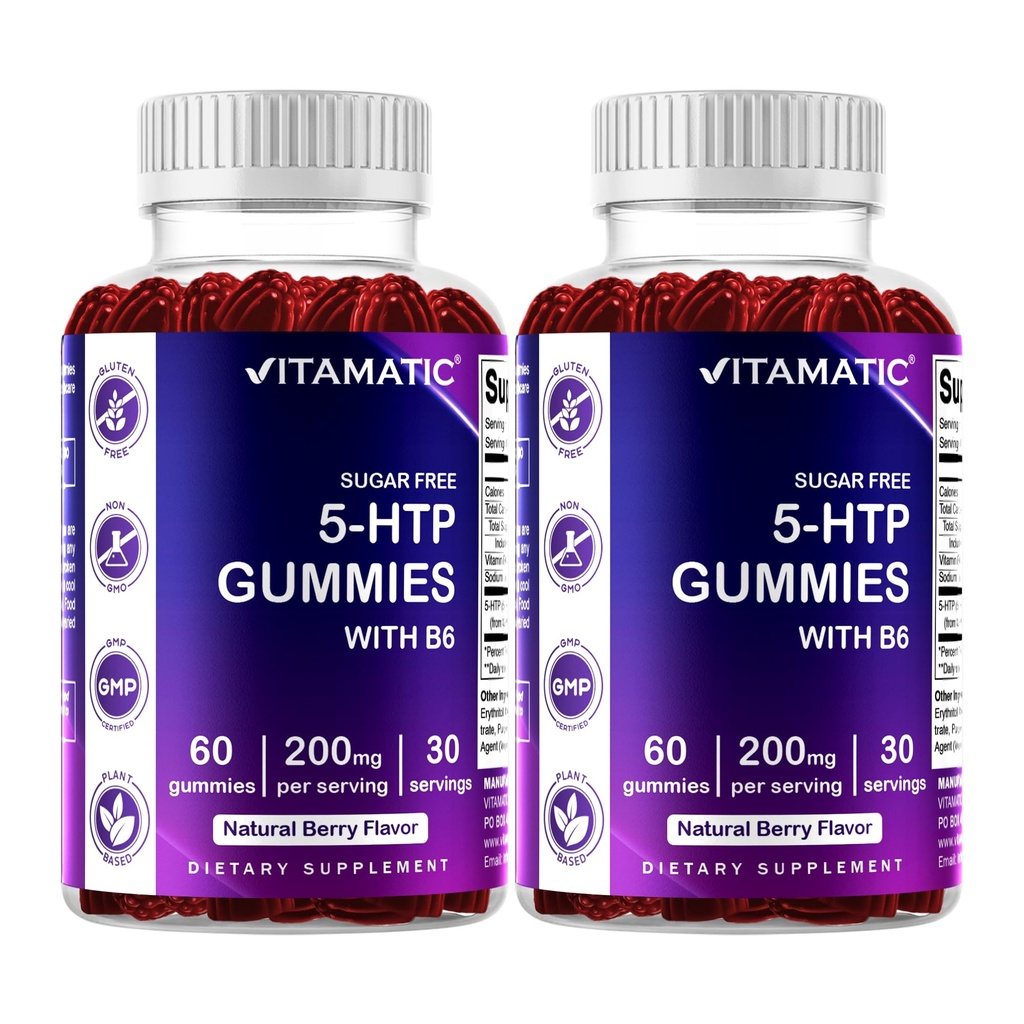 Vitamatic Sugar Free 5-HTP 200mg Gummies with B6 – 60 Pectin-Based Gummies – Mood Support & Stress Relief- 2 Pack