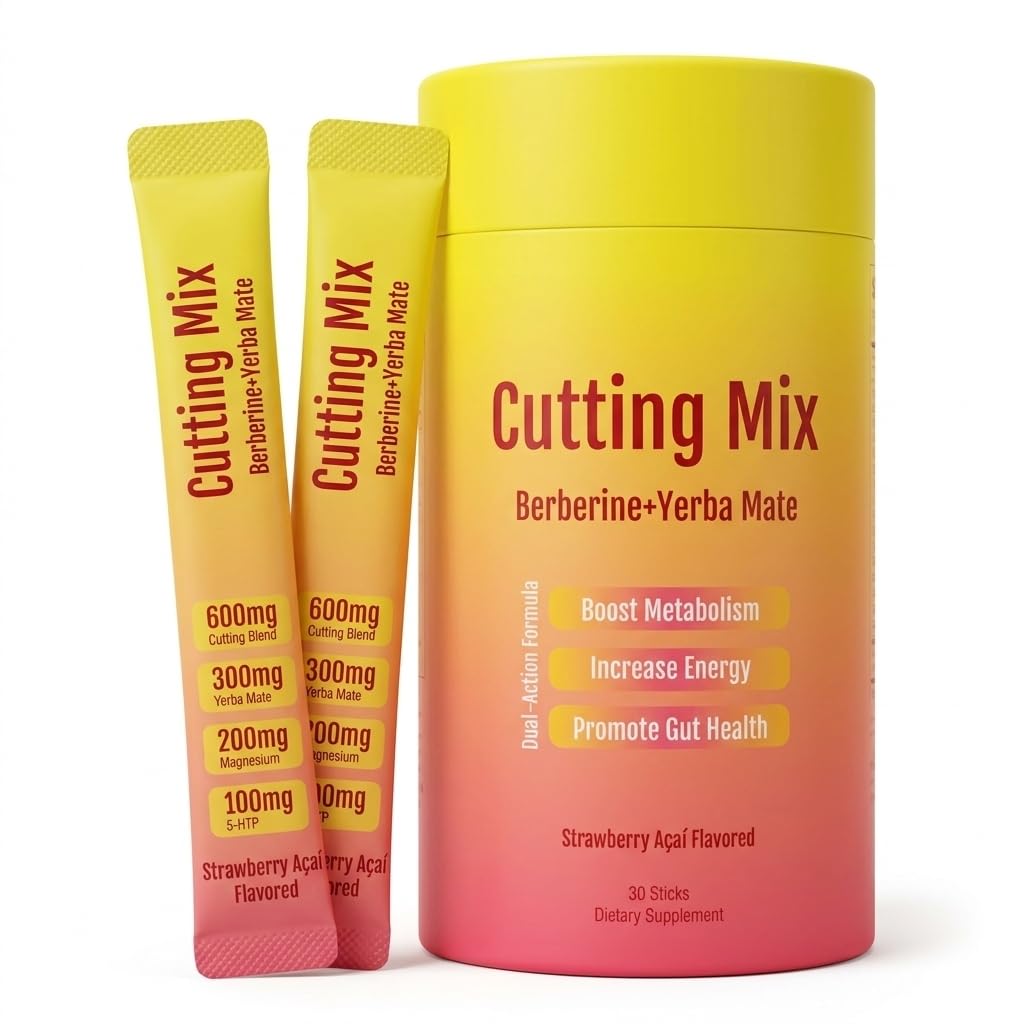 Cutting Drink Mix - Berberine,5-HTP,Yerba Mate & Magnesium, Chromium,FOS | Supports Satiety Signaling,Energy & Gut Health | Strawberry Açaí Flavor | Vegan,Sugar-Free,Non-GMO - 30 Sticks
