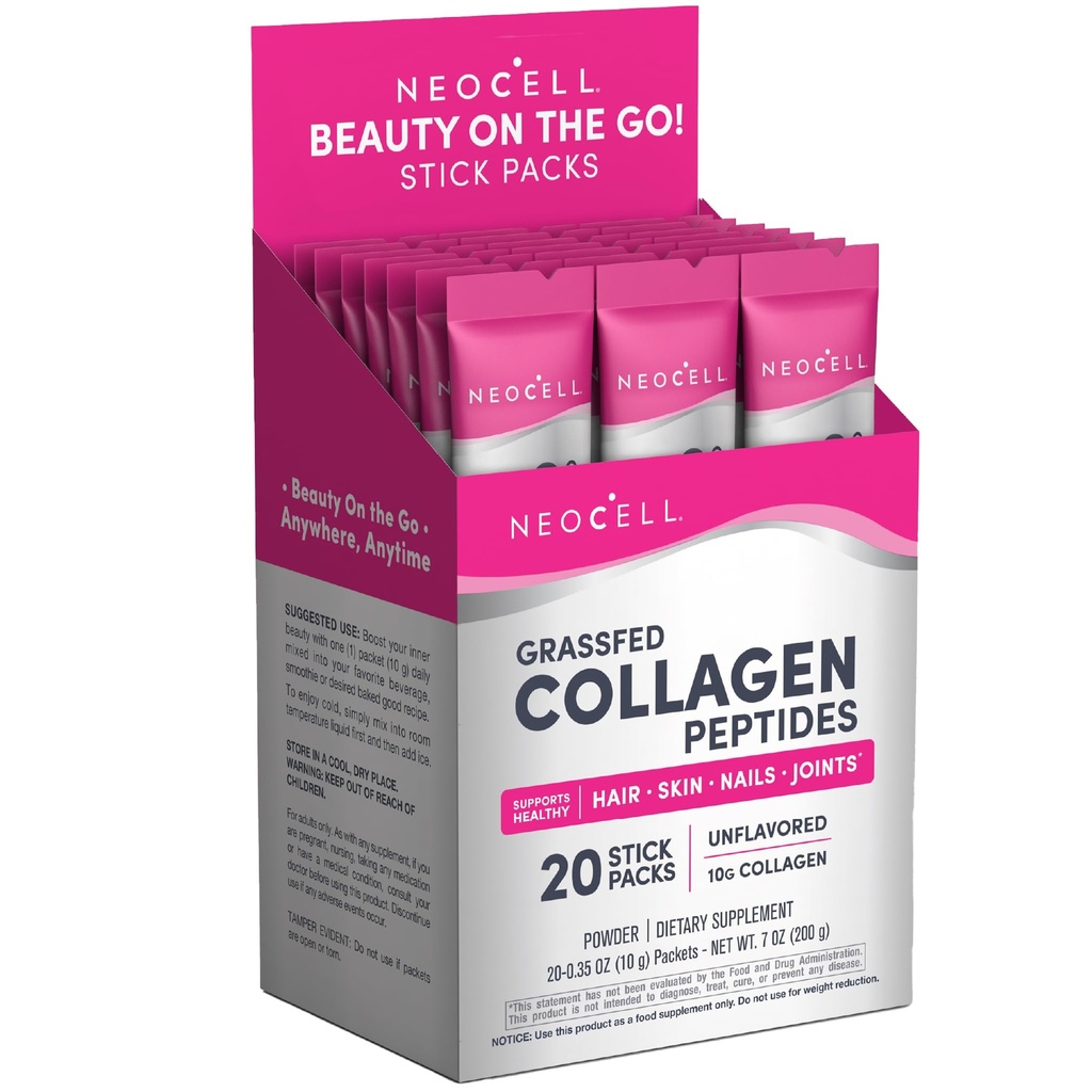 NeoCell Super Collagen Peptides, 10 g Collagen/Single-Serve Packet; Keto Certified, Gluten Free; for Healthy Skin, Hair, Nails and Joint Support;* Άγευστη σκόνη, 20 Servers, 7 Oz.