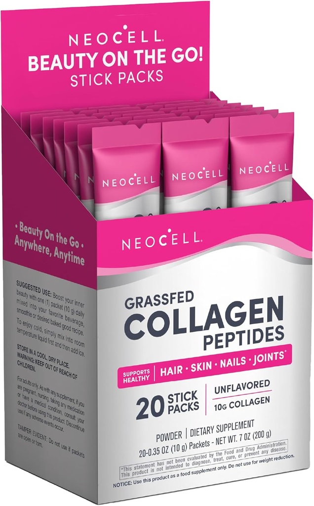 NeoCell Super Collagen Peptides, 10 g Collagen/Single-Serve Packet; Keto Certified, Gluten Free; for Healthy Skin, Hair, Nails and Joint Support;* Άγευστη σκόνη, 20 Servers, 7 Oz.