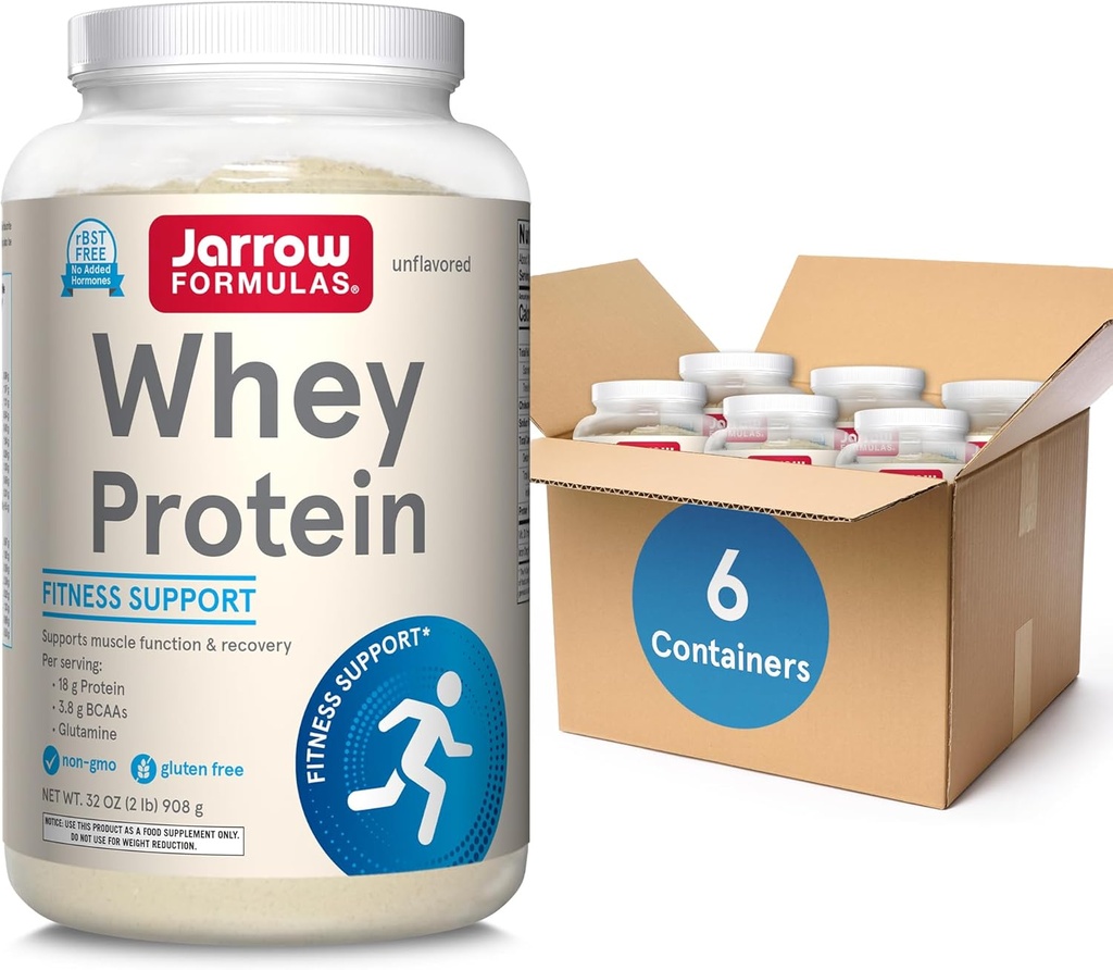 Jarrow Formulas Πρωτεΐνη ορού γάλακτος με 18g πρωτεΐνης, 3.8g BCAAs, και Γλουταμίνη, συμπλήρωμα διατροφής για τη λειτουργία των μυών & την υποστήριξη αποκατάστασης, 32 oz Άγευστη σκόνη, περίπου 38 ημέρες προσφοράς, 6 συσκευασίες