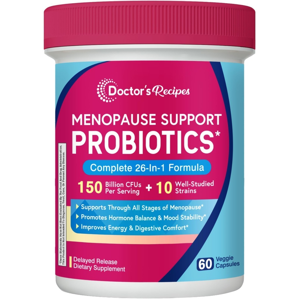 Doctor's Recipes Menopause Probiotic Supplements for Women, Black Cohosh for Menopause Hot Flashes, Probiotics with Ashwagandha, Dong Quai, Supports Energy, 60 Capsules
