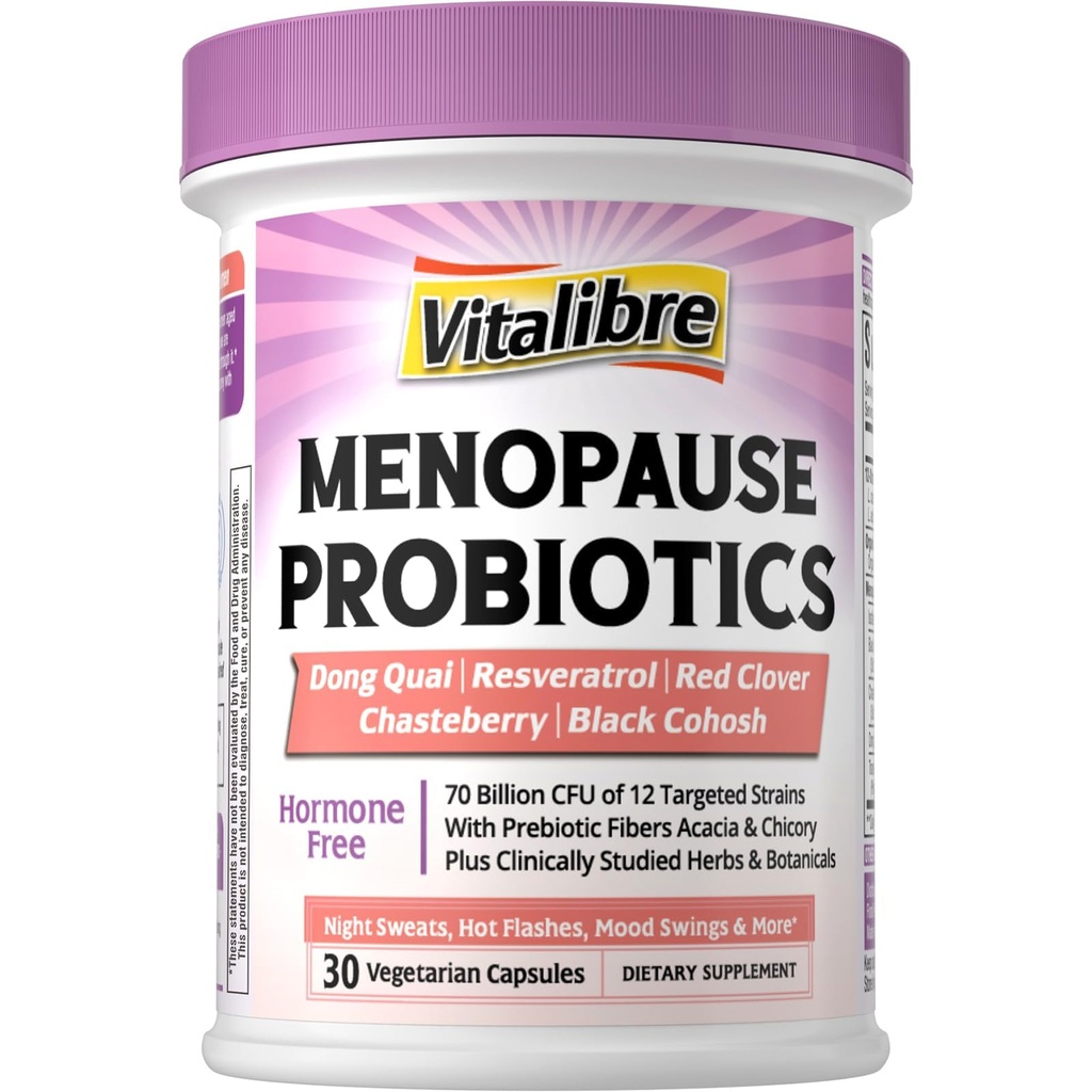 Vitalibre Menopause Probiotics for Women 70 Billion CFU, 12 Targeted Strains, Organic Prebiotics, Black Cohosh Resveratrol Red Clover Chasteberry Dong Quai, Hot Flash Night Sweat+, No Estrogen, 30 Ct